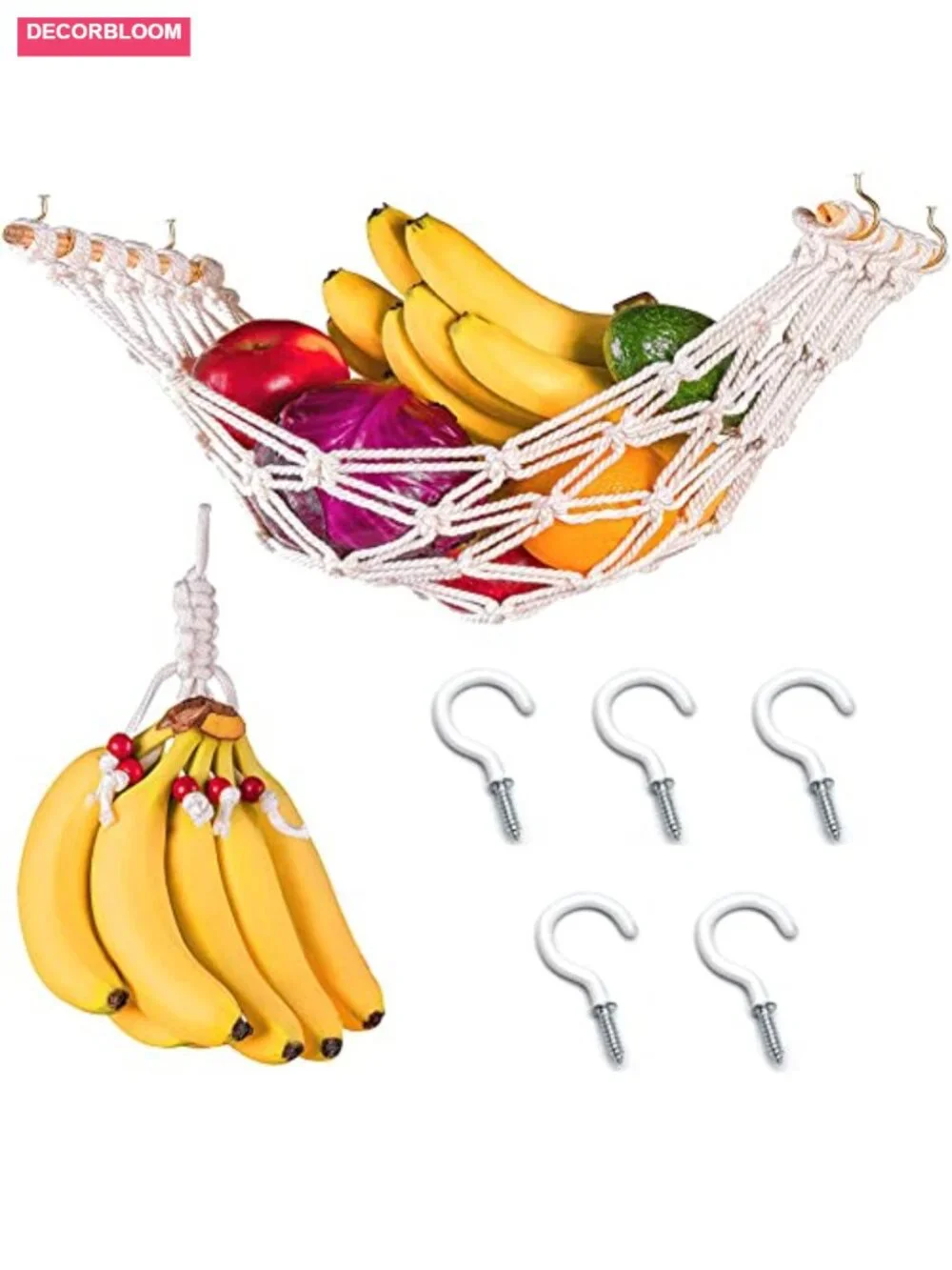 1Set Cotton Hanging Fruit Hammock with Banana Net Rope and 2 Hooks Under Cabinet
